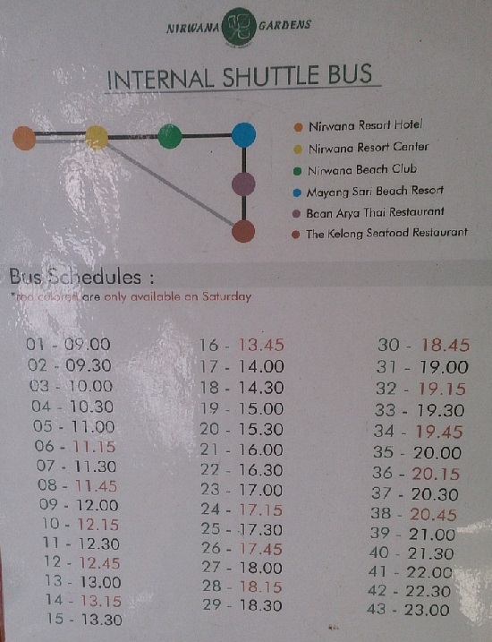 ビンタン島（インドネシア）ニルワナビーチリゾートの無料バス時刻表